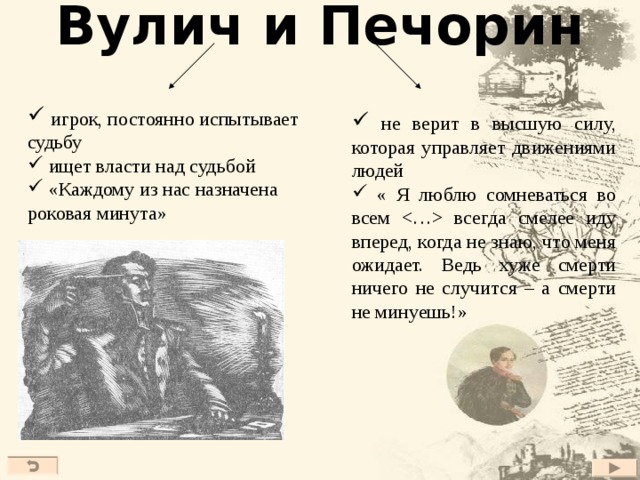 Вулич и Печорин  игрок, постоянно испытывает судьбу  ищет власти над судьбой  «Каждому из нас назначена роковая минута»  не верит в высшую силу, которая управляет движениями людей  « Я люблю сомневаться во всем  всегда смелее иду вперед, когда не знаю, что меня ожидает. Ведь хуже смерти ничего не случится – а смерти не минуешь!» 41 
