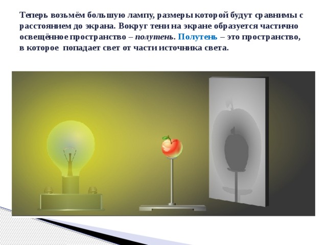Теперь возьмём большую лампу, размеры которой будут сравнимы с расстоянием до экрана. Вокруг тени на экране образуется частично освещённое пространство – полутень . Полутень – это пространство, в которое попадает свет от части источника света. 