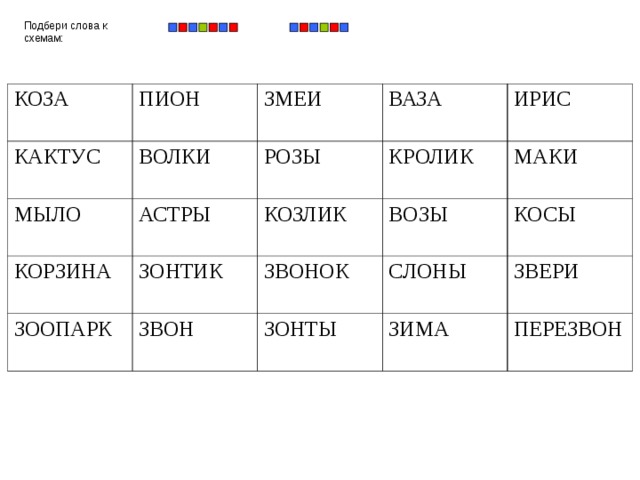 Подбери слова к схемам: КОЗА КАКТУС ПИОН МЫЛО ВОЛКИ ЗМЕИ КОРЗИНА ВАЗА РОЗЫ АСТРЫ ЗООПАРК ЗОНТИК ИРИС КОЗЛИК КРОЛИК ВОЗЫ МАКИ ЗВОНОК ЗВОН КОСЫ СЛОНЫ ЗОНТЫ ЗВЕРИ ЗИМА ПЕРЕЗВОН 