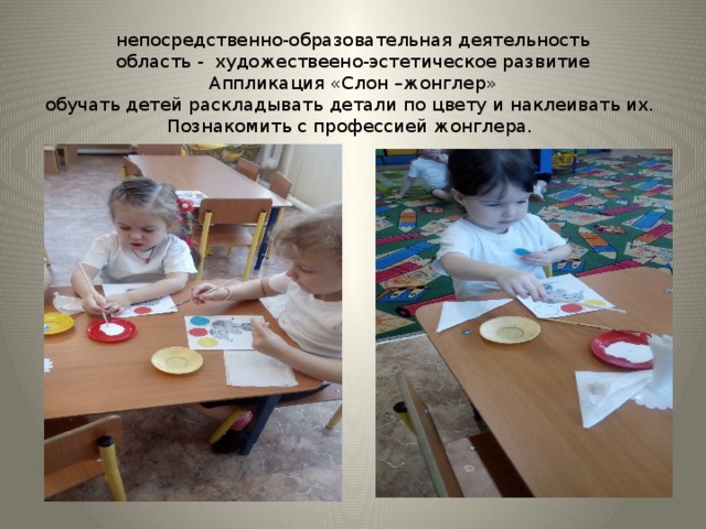 непосредственно-образовательная деятельность  область - художествеено-эстетическое развитие  Аппликация «Слон –жонглер»  обучать детей раскладывать детали по цвету и наклеивать их.  Познакомить с профессией жонглера. 