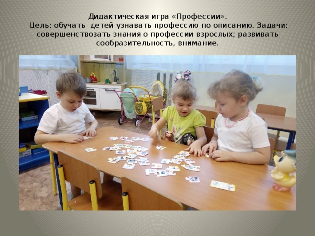 Дидактическая игра «Профессии».   Цель: обучать детей узнавать профессию по описанию. Задачи: совершенствовать знания о профессии взрослых; развивать сообразительность, внимание. 