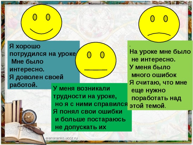 . На уроке мне было  не интересно. У меня было  много ошибок Я считаю, что мне  еще нужно  поработать над этой темой . Я хорошо потрудился на уроке. Мне было интересно. Я доволен своей работой. У меня возникали трудности на уроке,  но я c ними справился. Я понял свои ошибки  и больше постараюсь  не допускать их 