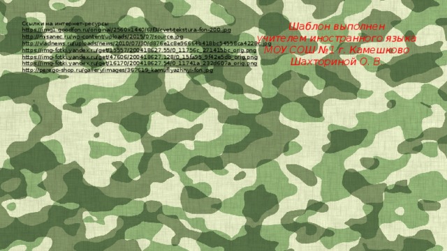 Шаблон выполнен Ссылки на интернет-ресурсы https://img1.goodfon.ru/original/2560x1440/6/f3/cvet-tekstura-fon-200.jpg  учителем иностранного языка http://misanec.ru/wp-content/uploads/2015/07/source.jpg  МОУ СОШ №1 г. Камешково http://vladnews.ru/uploads/news/2010/07/30/d876e1c8e96664b418bc54558ca4228c.jpg  Шахториной О. В. https://img-fotki.yandex.ru/get/15557/200418627.55/0_11756c_271415bc_orig.png  https://img-fotki.yandex.ru/get/47606/200418627.128/0_15fa95_9f42e5db_orig.png  https://img-fotki.yandex.ru/get/16170/200418627.54/0_11741a_232d607a_orig.png  http://perego-shop.ru/gallery/images/367619_kamuflyazhnyi-fon.jpg