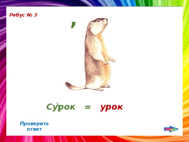 , Ребус № 3 Сурок = урок Проверить ответ 