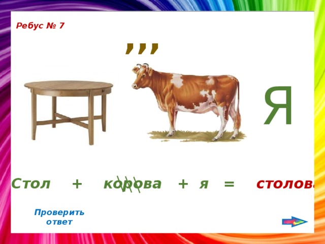 ,,, Ребус № 7 Я Стол + корова + я = столовая Проверить ответ 