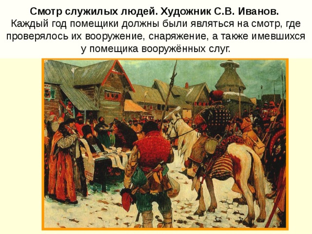 Смотр служилых людей. Художник С.В. Иванов.  Каждый год помещики должны были являться на смотр, где проверялось их вооружение, снаряжение, а также имевшихся у помещика вооружённых слуг. 