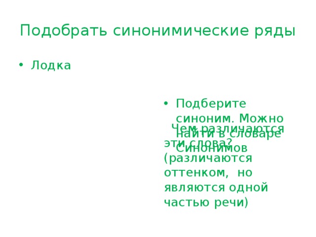Подобрать синонимические ряды Лодка Подберите синоним. Можно найти в словаре Синонимов  Чем различаются эти слова? (различаются оттенком, но являются одной частью речи) 