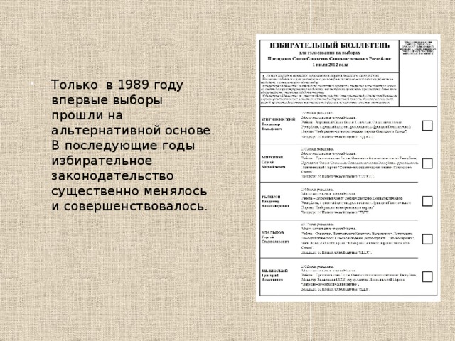 Только в 1989 году впервые выборы прошли на альтернативной основе. В последующие годы избирательное законодательство существенно менялось и совершенствовалось. 