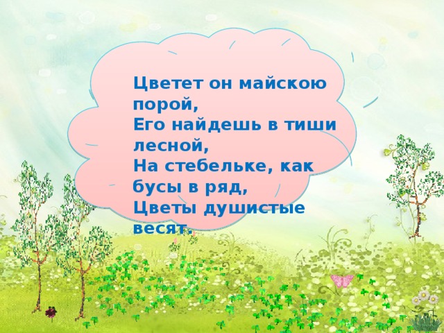      Цветет он майскою порой, Его найдешь в тиши лесной, На стебельке, как бусы в ряд, Цветы душистые весят.   