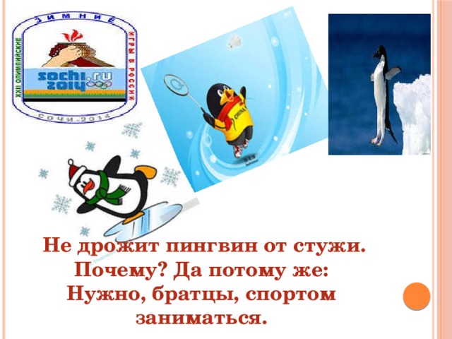  Не дрожит пингвин от стужи. Почему? Да потому же: Нужно, братцы, спортом заниматься. 