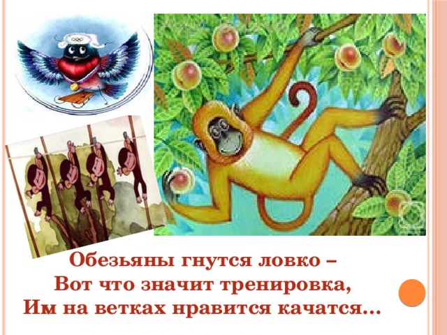 Обезьяны гнутся ловко – Вот что значит тренировка, Им на ветках нравится качатся… 