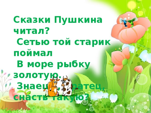   Сказки Пушкина читал?  Сетью той старик поймал  В море рыбку золотую.  Знаешь, братец, снасть такую?  