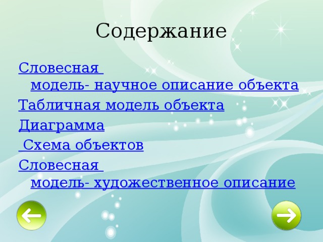 Содержание Словесная модель- научное описание объекта Табличная модель объекта Диаграмма  Схема объектов Словесная модель- художественное описание 