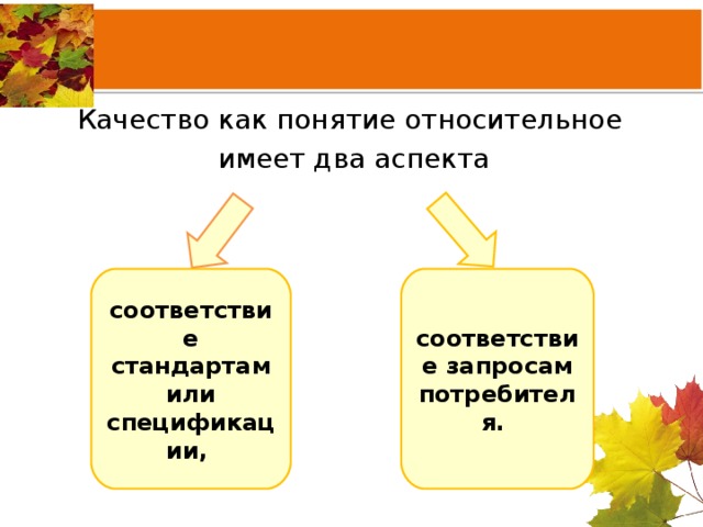 Качество как понятие относительное имеет два аспекта соответствие стандартам или спецификации, соответствие запросам потребителя. 