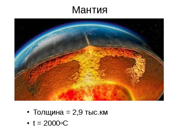 Мантия Толщина = 2,9 тыс.км t = 2000 o С 