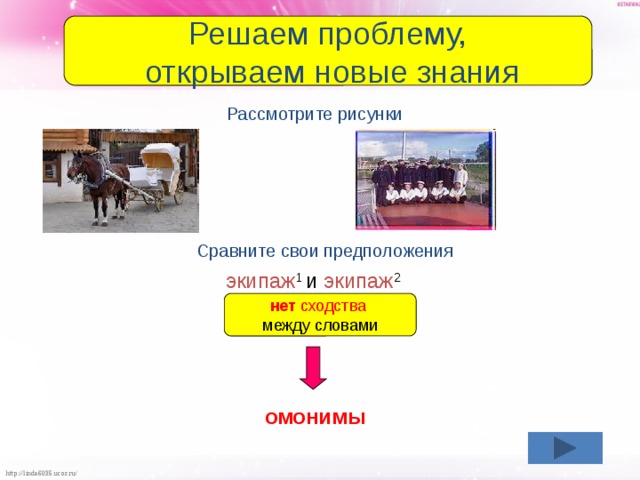 Решаем проблему,  открываем новые знания Рассмотрите рисунки Сравните свои предположения  экипаж 1  и экипаж 2 нет сходства между словами омонимы 