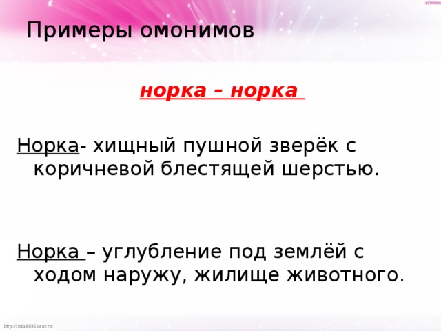 Примеры омонимов норка – норка Норка - хищный пушной зверёк с коричневой блестящей шерстью. Норка – углубление под землёй с ходом наружу, жилище животного. 
