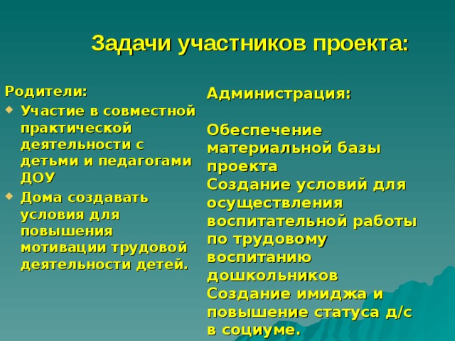 Задачи участников проекта: Родители: Участие в совместной практической деятельности с детьми и педагогами ДОУ Дома создавать условия для повышения мотивации трудовой деятельности детей. Администрация:  Обеспечение материальной базы проекта Создание условий для осуществления воспитательной работы по трудовому воспитанию дошкольников Создание имиджа и повышение статуса д/с в социуме.  