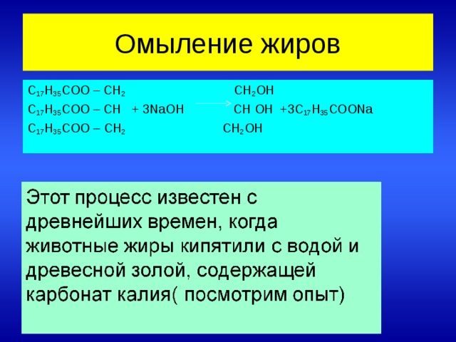Омыление жиров С 17 Н 35 СОО – СН 2   СН 2 ОН С 17 Н 35 СОО – СН + 3 Na ОН  СН ОН +3С 17 Н 35 СОО Na C 17 H 35 COO – CH 2 CH 2 OH