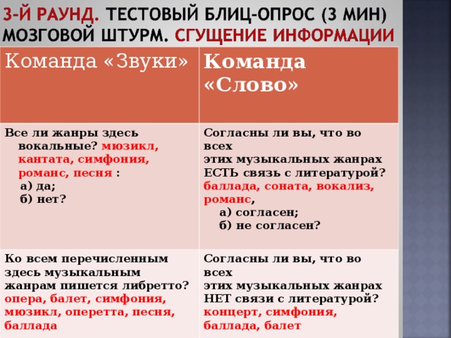 Команда «Звуки» Команда «Слово»  Все ли жанры здесь вокальные? мюзикл, кантата, симфония, романс, песня :  а) да;  б) нет?  Согласны ли вы, что во всех этих музыкальных жанрах ЕСТЬ связь с литературой? Ко всем перечисленным здесь музыкальным жанрам пишется либретто? баллада, соната, вокализ, романс , опера, балет, симфония, мюзикл, оперетта, песня, баллада Согласны ли вы, что во всех этих музыкальных жанрах НЕТ связи с литературой? концерт, симфония, баллада, балет  а) согласен;  б) не согласен?   а) да;  б) нет.   а) да;  б) нет?    