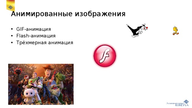 Анимированные изображения GIF-анимация Flash-анимация Трёхмерная анимация 