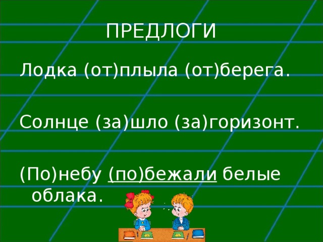 ПРЕДЛОГИ Лодка (от)плыла (от)берега. Солнце (за)шло (за)горизонт. (По)небу (по)бежали белые облака. 
