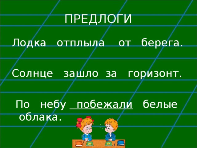 ПРЕДЛОГИ Лодка отплыла от берега. Солнце зашло за горизонт.  По небу побежали белые облака. 