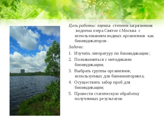 Цель работы: оценка  степени загрязнения  водоема озера Святое г.Москва с использованием водных организмов  как биоиндикаторов   . Задачи: 1.  Изучить литературу по биоиндикации ; 2.  Познакомиться с методиками биоиндикации; 3.  Выбрать группы организмов, используемых для биомониторинга; 4.  Осуществить забор проб для биоиндикации; 5.  Провести статическую обработку полученных результатов.  