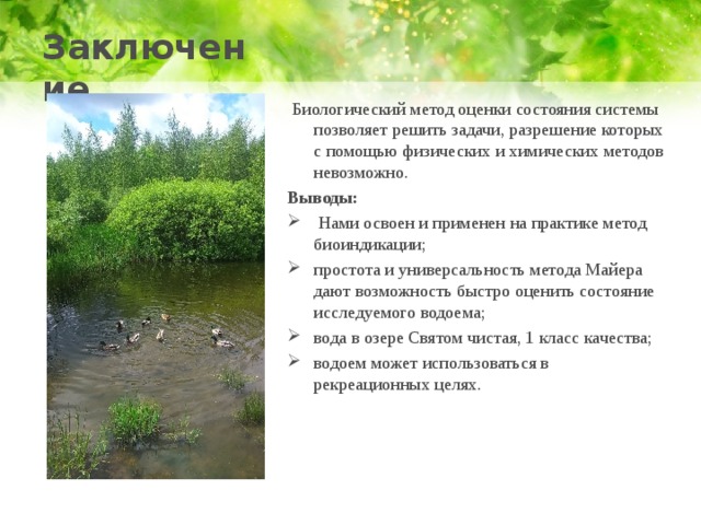 Заключение.    Биологический метод оценки состояния системы позволяет решить задачи, разрешение которых с помощью физических и химических методов невозможно. Выводы:  Нами освоен и применен на практике метод биоиндикации; простота и универсальность метода Майера дают возможность быстро оценить состояние исследуемого водоема; вода в озере Святом чистая, 1 класс качества; водоем может использоваться в рекреационных целях. 