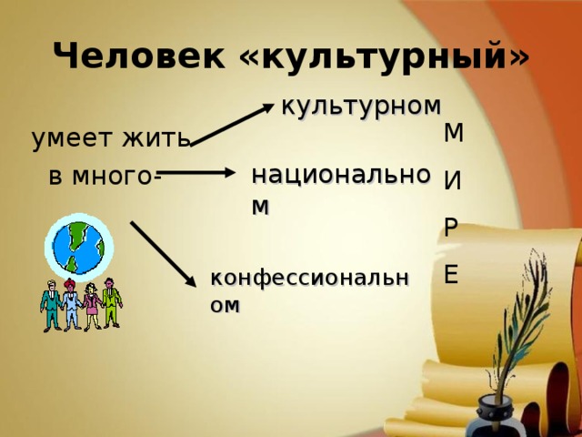 Человек «культурный»  умеет жить  в много- культурном М И Р Е национальном конфессиональном  