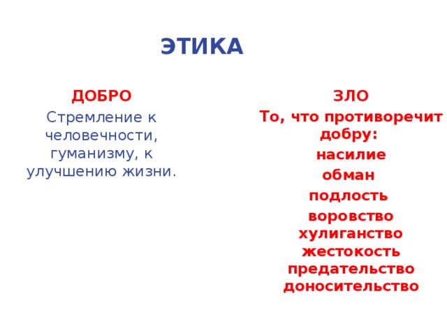 ЭТИКА ДОБРО ЗЛО Стремление к человечности, гуманизму, к улучшению жизни. То, что противоречит добру: насилие обман подлость воровство хулиганство жестокость предательство доносительство  