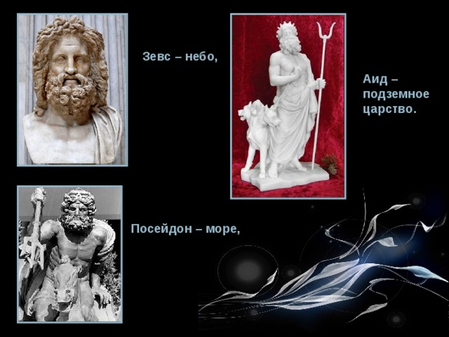 Зевс – небо, Аид – подземное царство. Посейдон – море, 