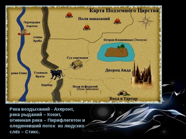 Река воздыханий - Ахеронт, река рыданий – Кокит, огненная река – Пирифлегетон и оледеневший поток из людских слёз – Стикс.  