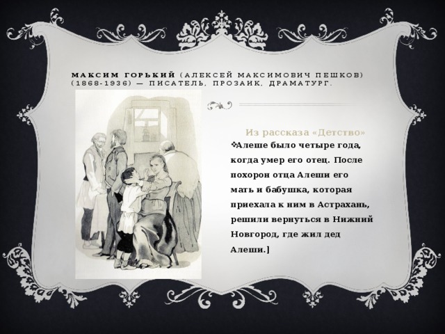 Максим Горький (Алексей Максимович Пешков) (1868-1936) — писатель, прозаик, драматург.   Из рассказа «Детство» Алеше было четыре года, когда умер его отец. После похорон отца Алеши его мать и бабушка, которая приехала к ним в Астрахань, решили вернуться в Нижний Новгород, где жил дед Алеши.] 