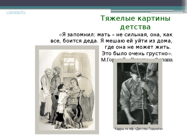 Тяжелые картины детства «Я запомнил: мать – не сильная, она, как все, боится деда. Я мешаю ей уйти из дома, где она не может жить. Это было очень грустно».  М.Горький «Детство». 2 глава Кадры из к/ф «Детство Горького» 