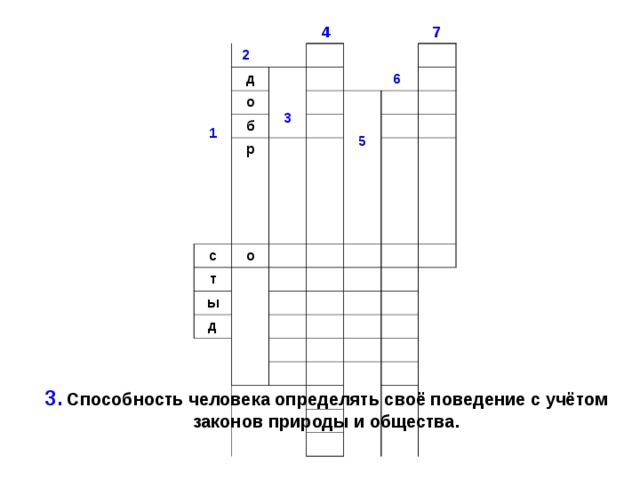 4 7     1  2 д   3 о б р  6 c о т   5 ы д 3. Способность человека определять своё поведение с учётом законов природы и общества. 