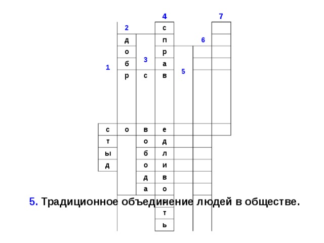 4 7  2 1 д с о б 3 п р  6 р c   5 с о т а ы в в е о д б д л о и д в а о с т ь 5. Традиционное объединение людей в обществе. 