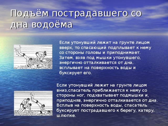 Подъём пострадавшего со дна водоёма Если утонувший лежит на грунте лицом вверх, то спасающий подплывает к нему со стороны головы и приподнимает. Затем, взяв под мышки утонувшего, энергично отталкивается от дна, всплывает на поверхность воды и буксирует его. Если утонувший лежит на грунте лицом вниз,спасатель приближается к нему со стороны ног, подхватывает подмышки и, приподняв, энергично отталкивается от дна. Всплыв на поверхность воды, спасатель буксирует пострадавшего к берегу, катеру, шлюпке. 