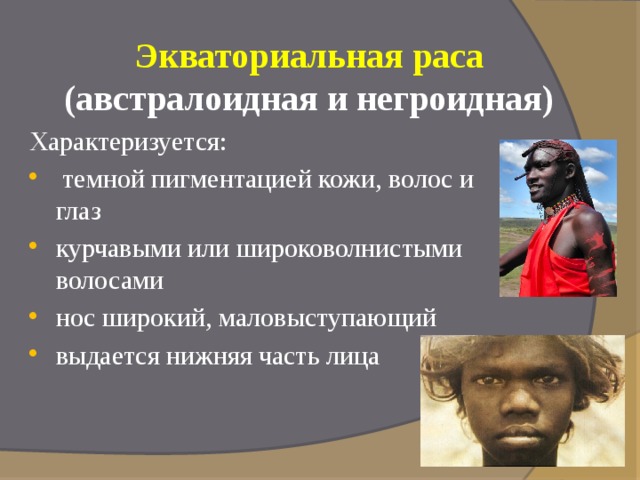 Экваториальная раса  (австралоидная и негроидная) Характеризуется:  темной пигментацией кожи, волос и глаз курчавыми или широковолнистыми волосами нос широкий, маловыступающий выдается нижняя часть лица 