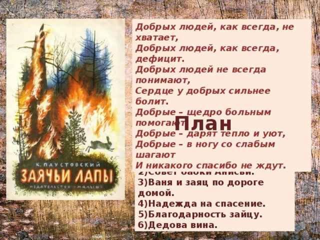 Добрых людей, как всегда, не хватает,   Добрых людей, как всегда, дефицит.   Добрых людей не всегда понимают,   Сердце у добрых сильнее болит.   Добрые – щедро больным помогают,   Добрые – дарят тепло и уют,   Добрые – в ногу со слабым шагают  И никакого спасибо не ждут. План 1)Встреча Вани с ветеринаром. 2)Совет бабки Анисьи. 3)Ваня и заяц по дороге домой. 4)Надежда на спасение. 5)Благодарность зайцу. 6)Дедова вина. 