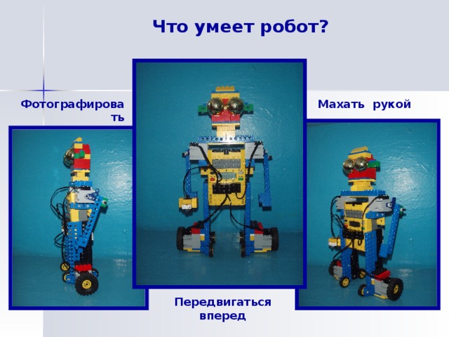 Что умеет робот? Махать рукой Фотографировать Передвигаться вперед 