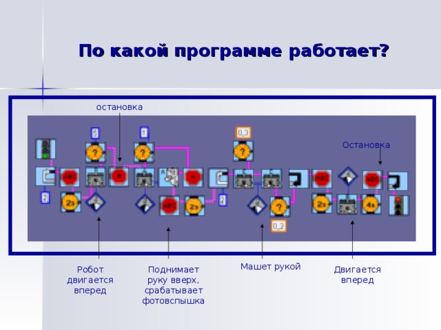 По какой программе работает? остановка Остановка Машет рукой Робот двигается вперед Поднимает руку вверх, срабатывает фотовспышка Двигается вперед  