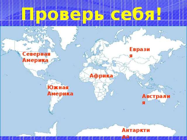 Проверь себя! Евразия Северная Америка Африка Южная Америка Австралия Антарктида 
