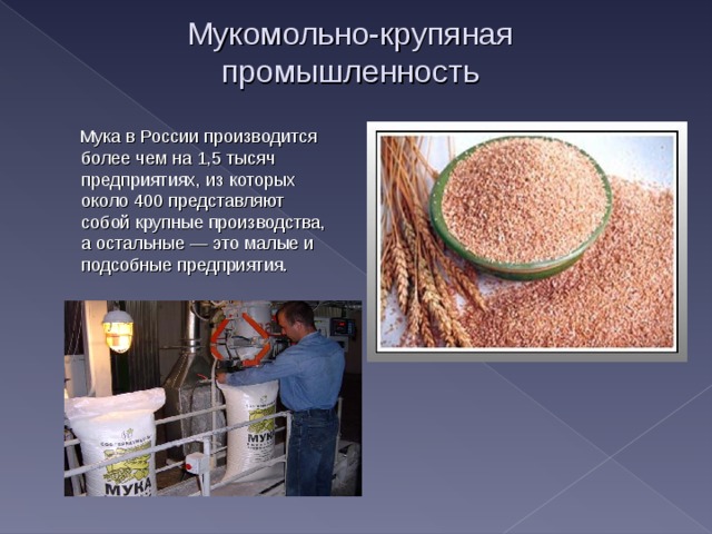 Мукомольно-крупяная промышленность  Мука в России производится более чем на 1,5 тысяч предприятиях, из которых около 400 представляют собой крупные производства, а остальные — это малые и подсобные предприятия. 