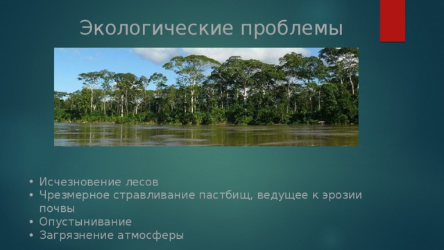 Экологические проблемы Исчезновение лесов Чрезмерное стравливание пастбищ, ведущее к эрозии почвы Опустынивание Загрязнение атмосферы 