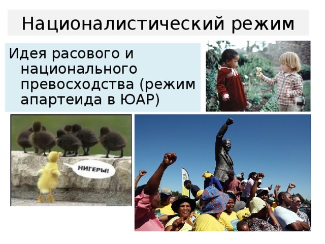 Националистический режим Идея расового и национального превосходства (режим апартеида в ЮАР) 