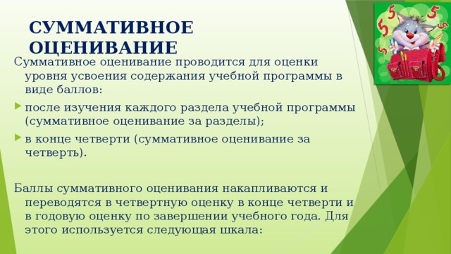СУММАТИВНОЕ ОЦЕНИВАНИЕ Суммативное оценивание проводится для оценки уровня усвоения содержания учебной программы в виде баллов: после изучения каждого раздела учебной программы (суммативное оценивание за разделы); в конце четверти (суммативное оценивание за четверть). Баллы суммативного оценивания накапливаются и переводятся в четвертную оценку в конце четверти и в годовую оценку по завершении учебного года. Для этого используется следующая шкала: 