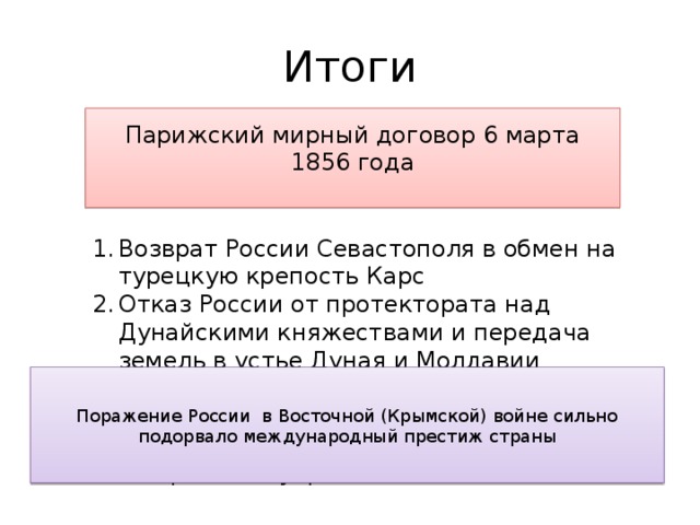 Итоги Парижский мирный договор 6 марта 1856 года Возврат России Севастополя в обмен на турецкую крепость Карс Отказ России от протектората над Дунайскими княжествами и передача земель в устье Дуная и Молдавии Объявление Черного моря нейтральным, что лишало Россию и Турцию возможности иметь здесь военный флот и береговые укрепления Поражение России в Восточной (Крымской) войне сильно подорвало международный престиж страны 