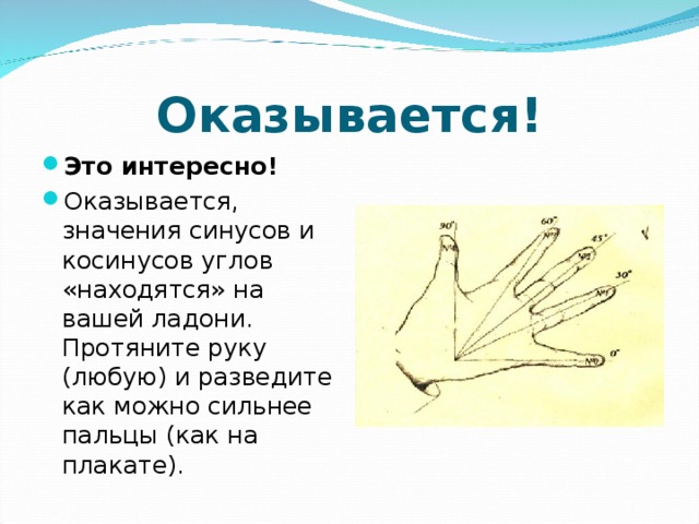 Оказывается! Это интересно! Оказывается, значения синусов и косинусов углов «находятся» на вашей ладони. Протяните руку (любую) и разведите как можно сильнее пальцы (как на плакате). 
