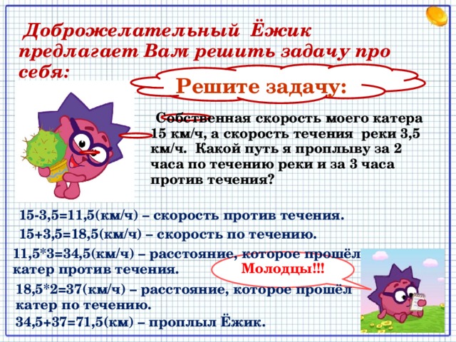  Доброжелательный Ёжик предлагает Вам решить задачу про себя: Решите задачу:  Собственная скорость моего катера 15 км/ч, а скорость течения реки 3,5 км/ч. Какой путь я проплыву за 2 часа по течению реки и за 3 часа против течения? 15-3,5=11,5(км/ч) – скорость против течения.  15+3,5=18,5(км/ч) – скорость по течению.  11,5*3=34,5(км/ч) – расстояние, которое прошёл катер против течения.  Молодцы!!! 18,5*2=37(км/ч) – расстояние, которое прошёл катер по течению.  34,5+37=71,5(км) – проплыл Ёжик.  
